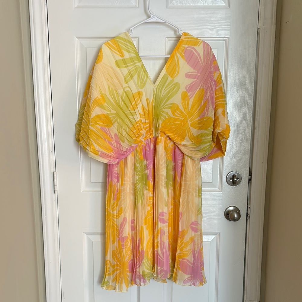Floral Pleated Dress in Yellow, Pink, and Green